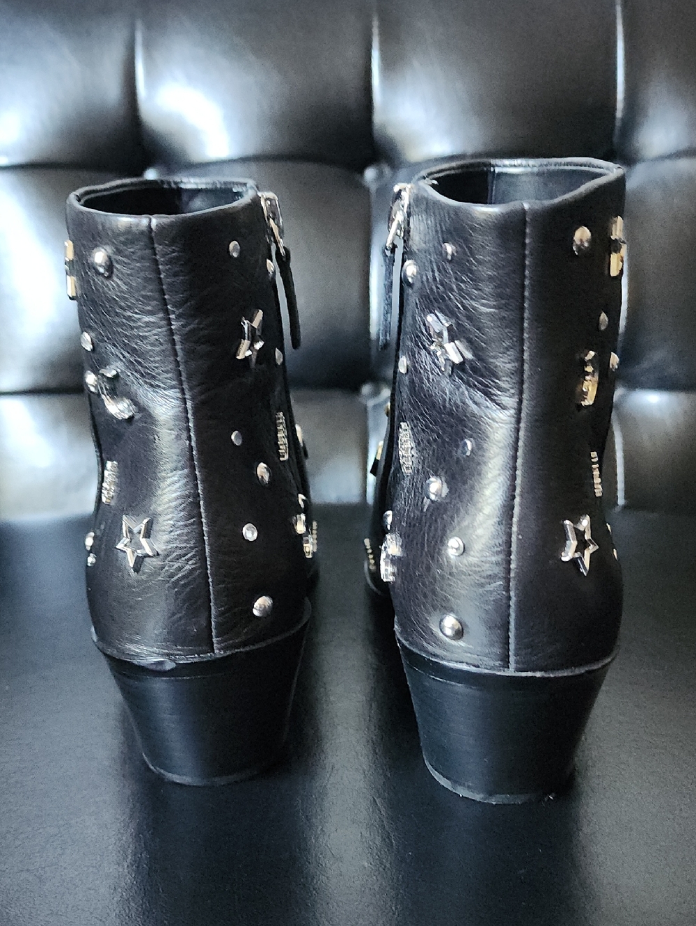 Rebecca Minkoff Lizzie Black Leather Celestial Studded Ankle Booties Size 9 - Picture 5 of 16